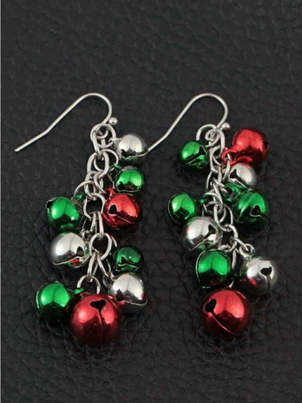Festive Red Green Silver Jingle Bell Drop Earrings